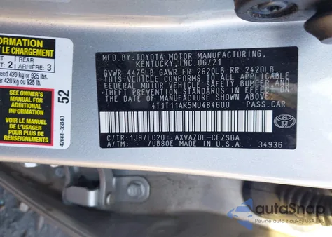 2021 Toyota Camry Se Nightshade Edition из США, поврежденный, VIN 4T1T11AK5MU484600